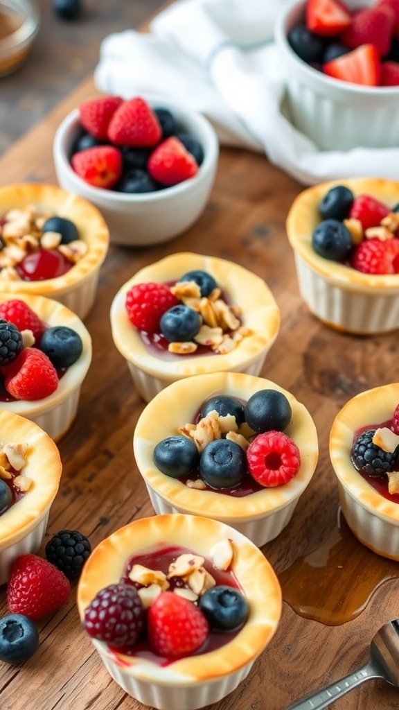Baked Yogurt Breakfast Cups Baked yogurt breakfast cups with mixed berries and nuts on a wooden table.